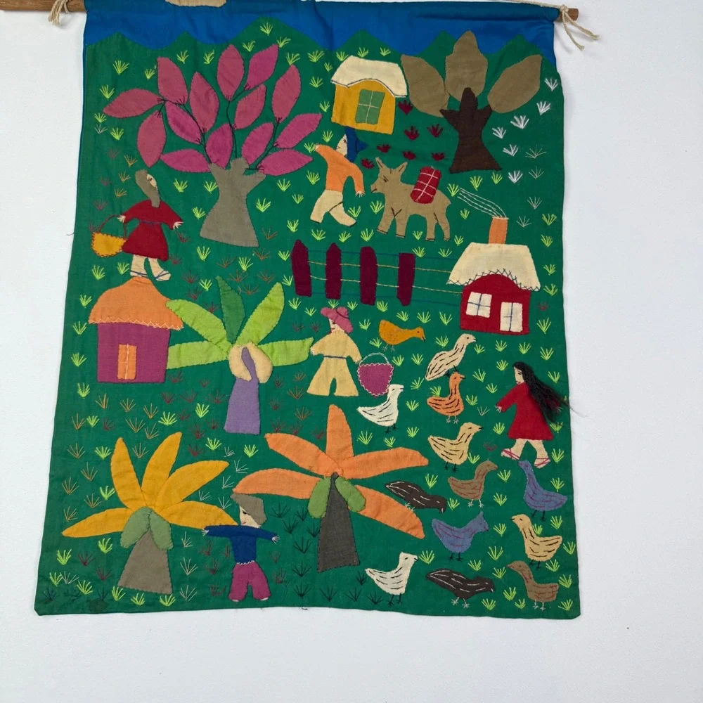 Vintage Peruvian Arpillera Folk Art Wall Hanging Handmade Village Scene 18x14.5